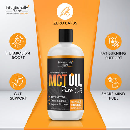 Intentionally Bare Pure C8 MCT Oil Organic – Brain Octane MCT Oil for Keto, Vegan & Paleo Diets – Unflavored 32oz