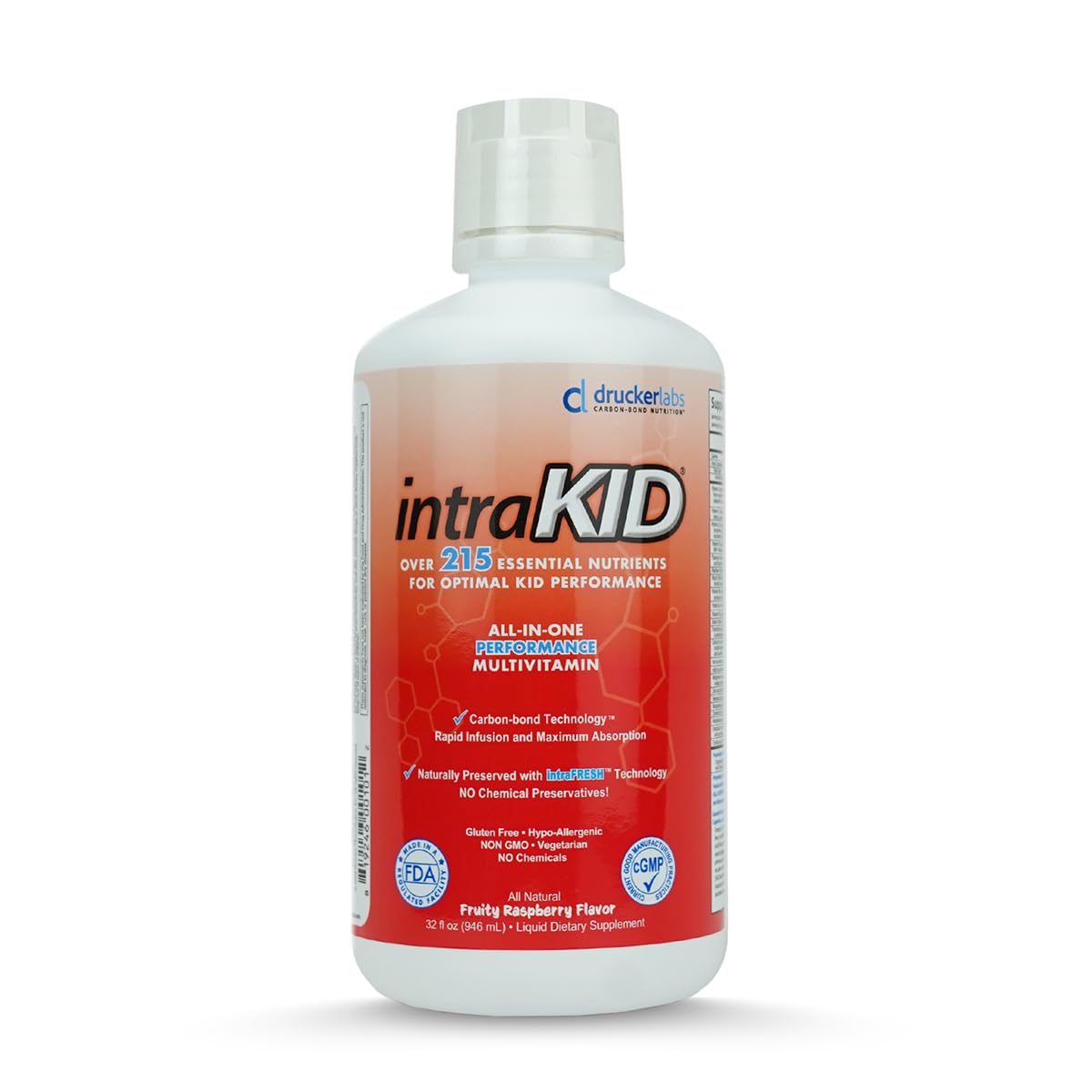 intraKID Drucker Labs Organic Liquid Multivitamin for Kids – Fruity Raspberry, Immune Support, 32 oz