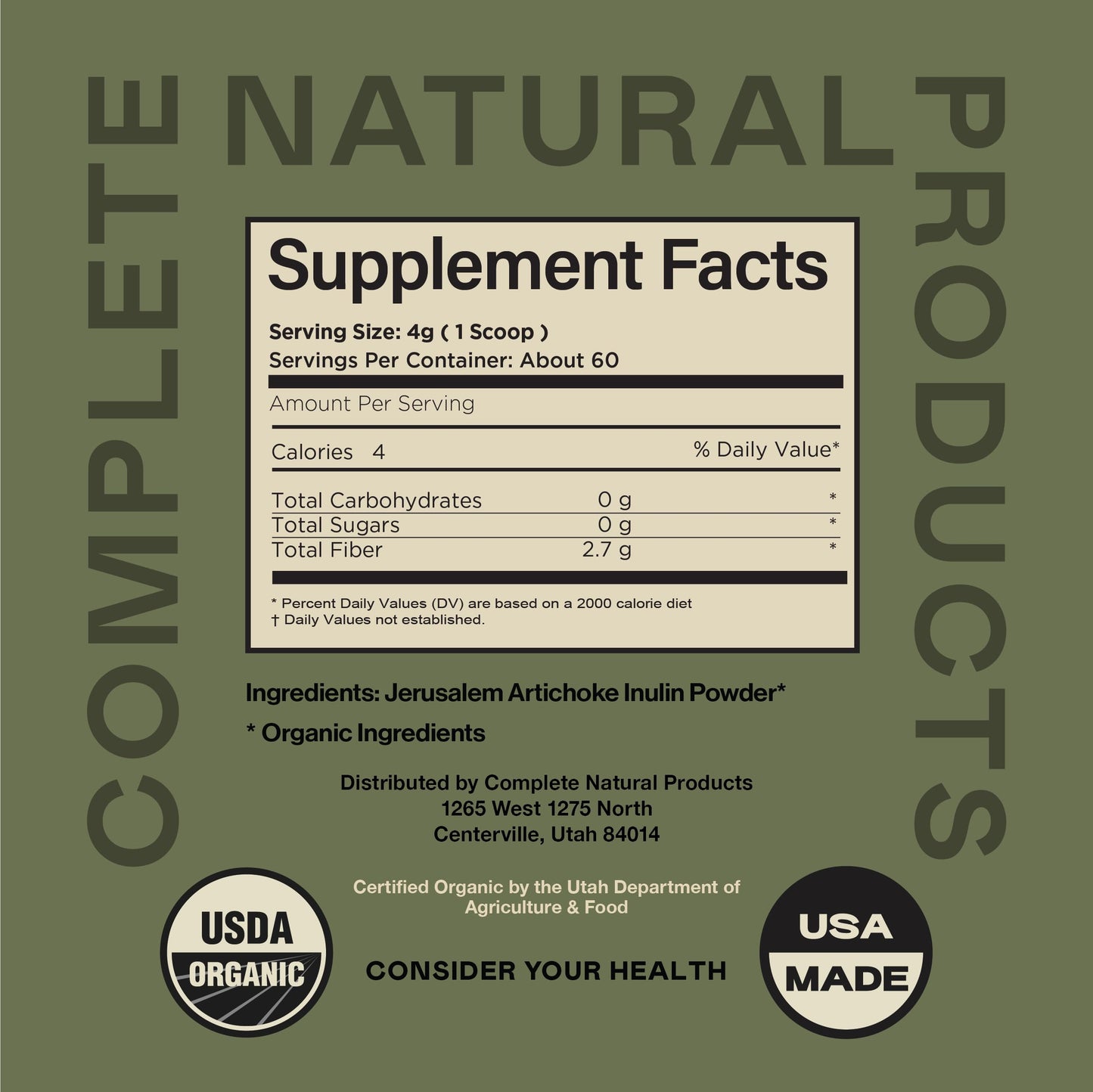 Pure Organic Inulin Powder - Jerusalem Artichoke Prebiotic Fiber, 8oz