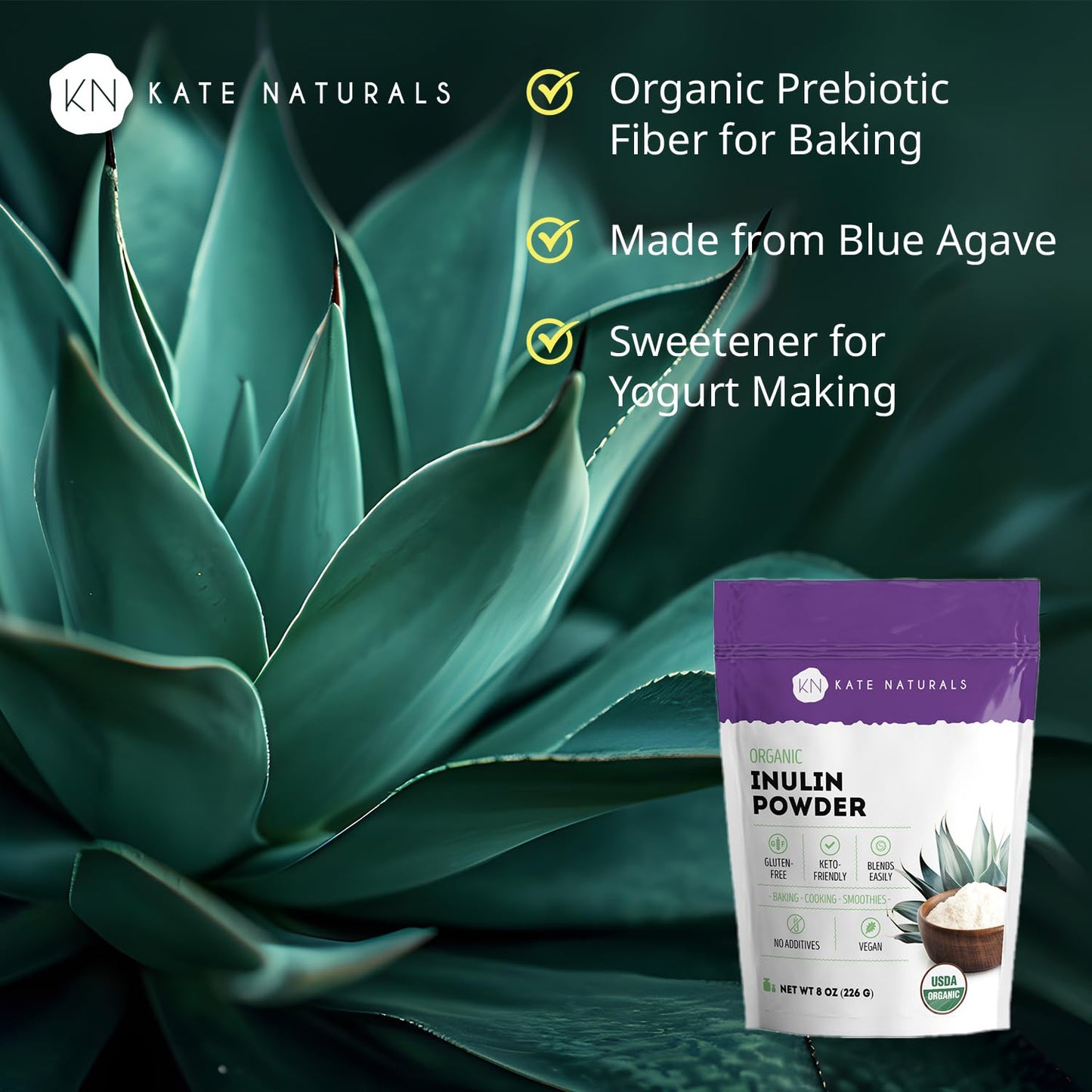 Kate Naturals Inulin Powder Organic Blue Agave (8oz) - Prebiotic Fiber for Coffee, Yogurt & Smoothies