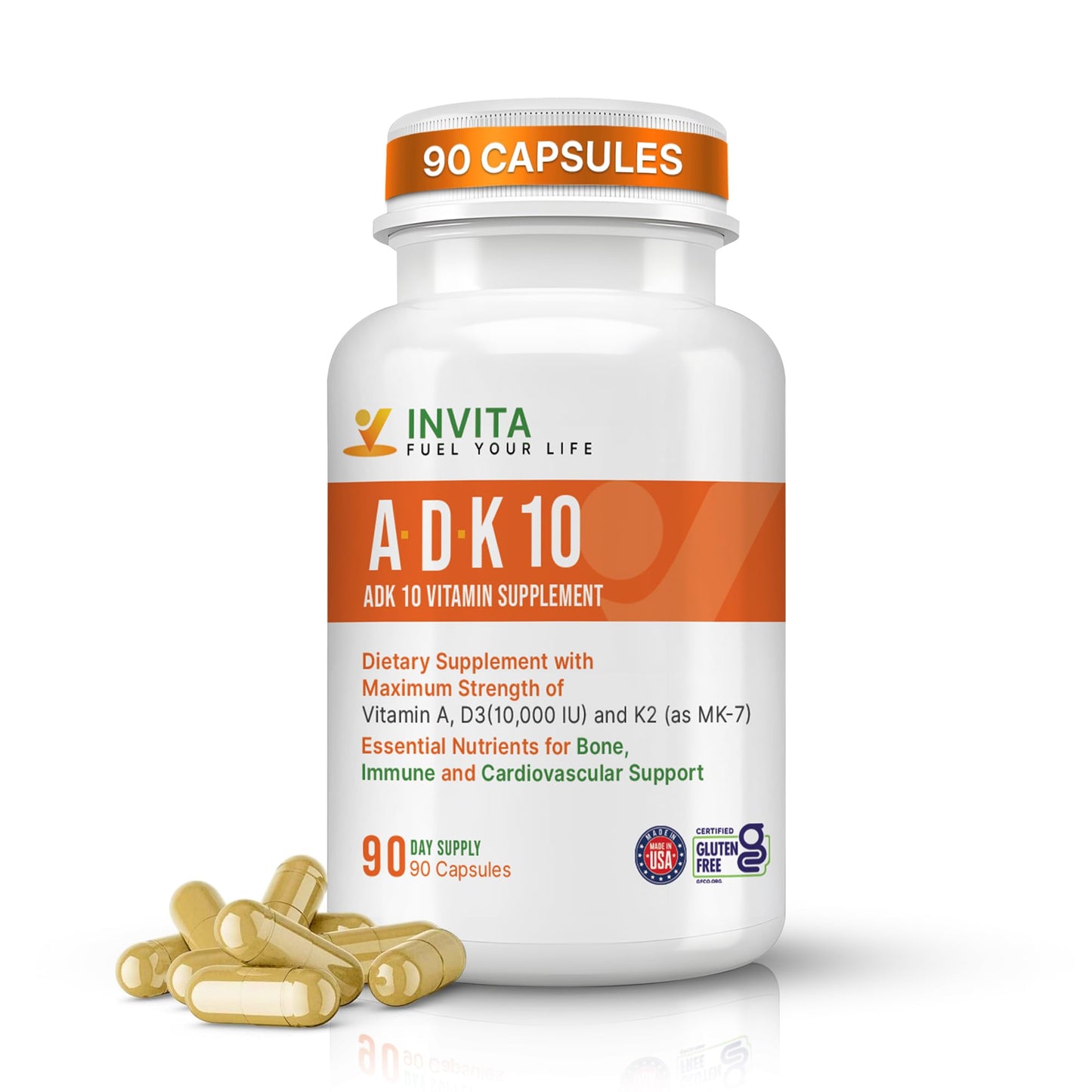INVITA ADK 10 Vitamin Supplement – 90 Capsules | A, D3 10,000 IU & K2 MK-7