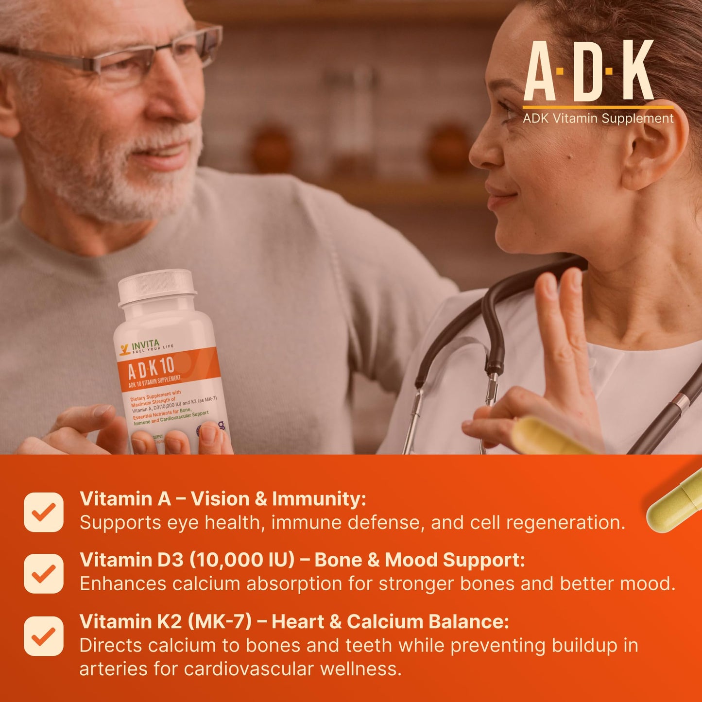 INVITA ADK 10 Vitamin Supplement – 90 Capsules | A, D3 10,000 IU & K2 MK-7