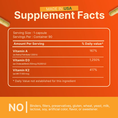 INVITA ADK 10 Vitamin Supplement – 90 Capsules | A, D3 10,000 IU & K2 MK-7
