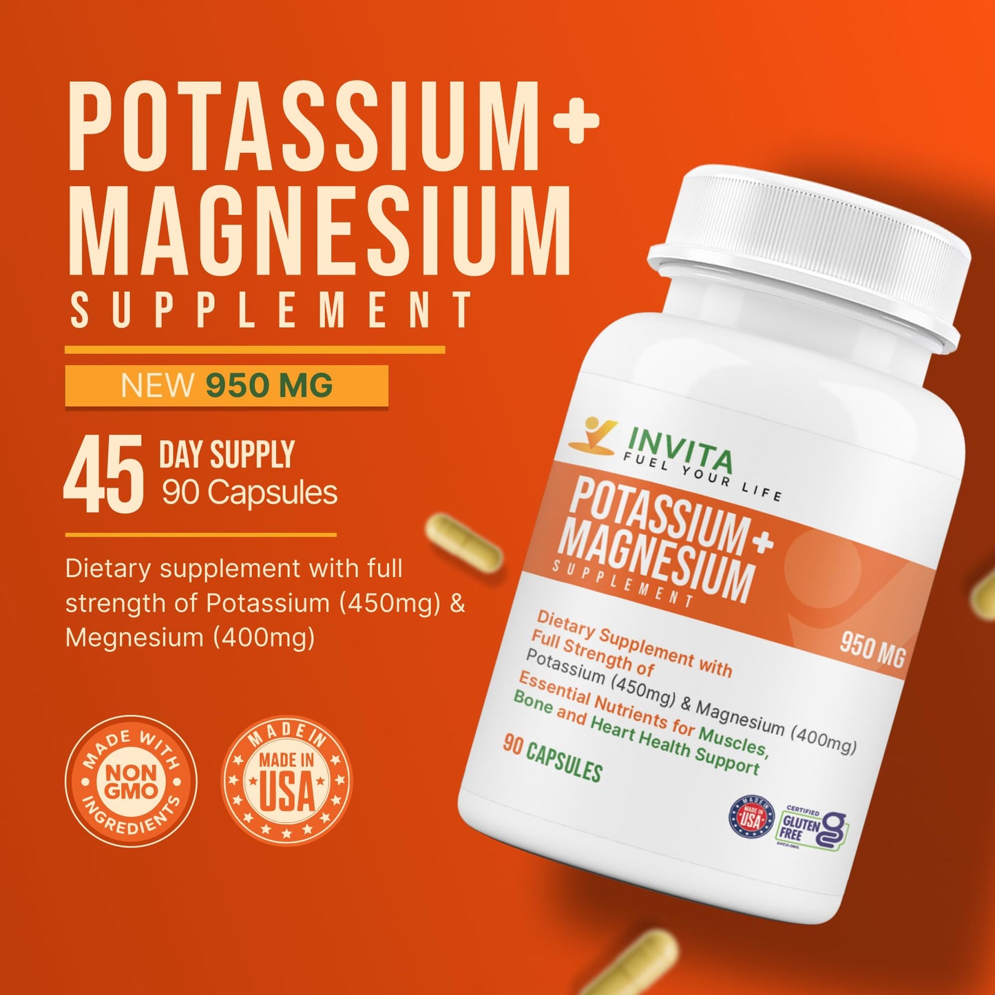 Invita Potassium Magnesium – 180 Capsules, High Absorption, Non-GMO, Gluten Free