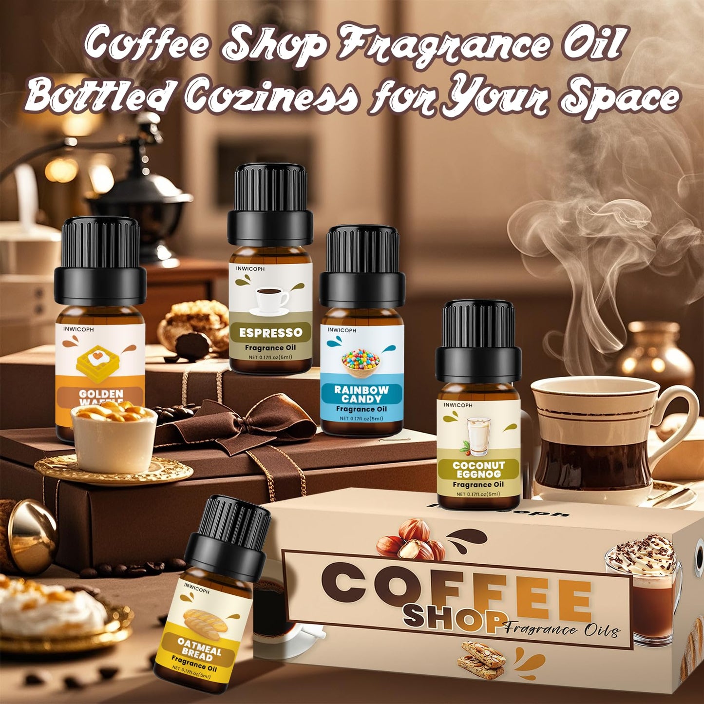 INWICOPH Coffee Shop Fragrance Oil Set – 10 Scents for Candles, Diffusers, Soap Making | Espresso, Mocha, Chocolate & More