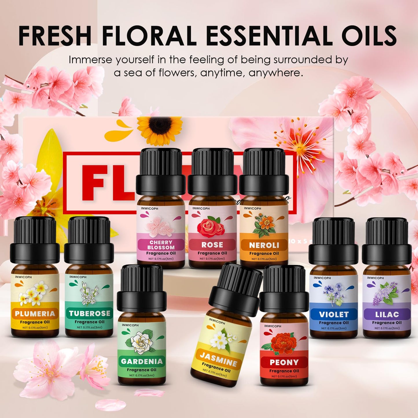 INWICOPH Floral Essential Oils – Rose, Jasmine, Gardenia & More for Diffusers, Candles & DIY