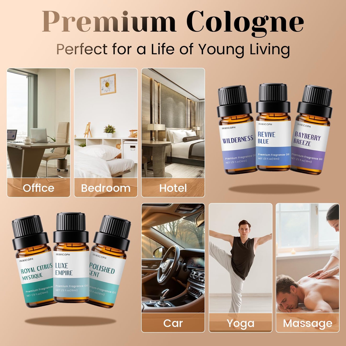 INWICOPH Fragrance Oils for Men - 6x10ml Cologne & Aromatherapy Set | Luxe Empire, Polished Gent, Bayberry Breeze