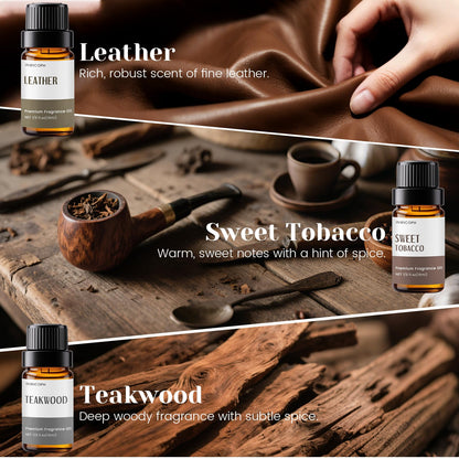 INWICOPH Men's Essential Oils Set - 6x10ml Leather, Teakwood & Bay Rum