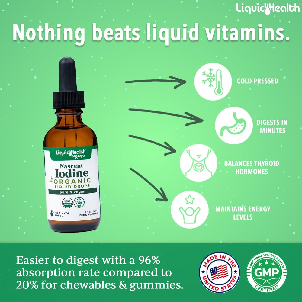 LIQUIDHEALTH Nascent Iodine Drops – USDA Organic, Colorless & Tasteless, Made in USA (2 oz) – Thyroid & Immunity Support, Vegan