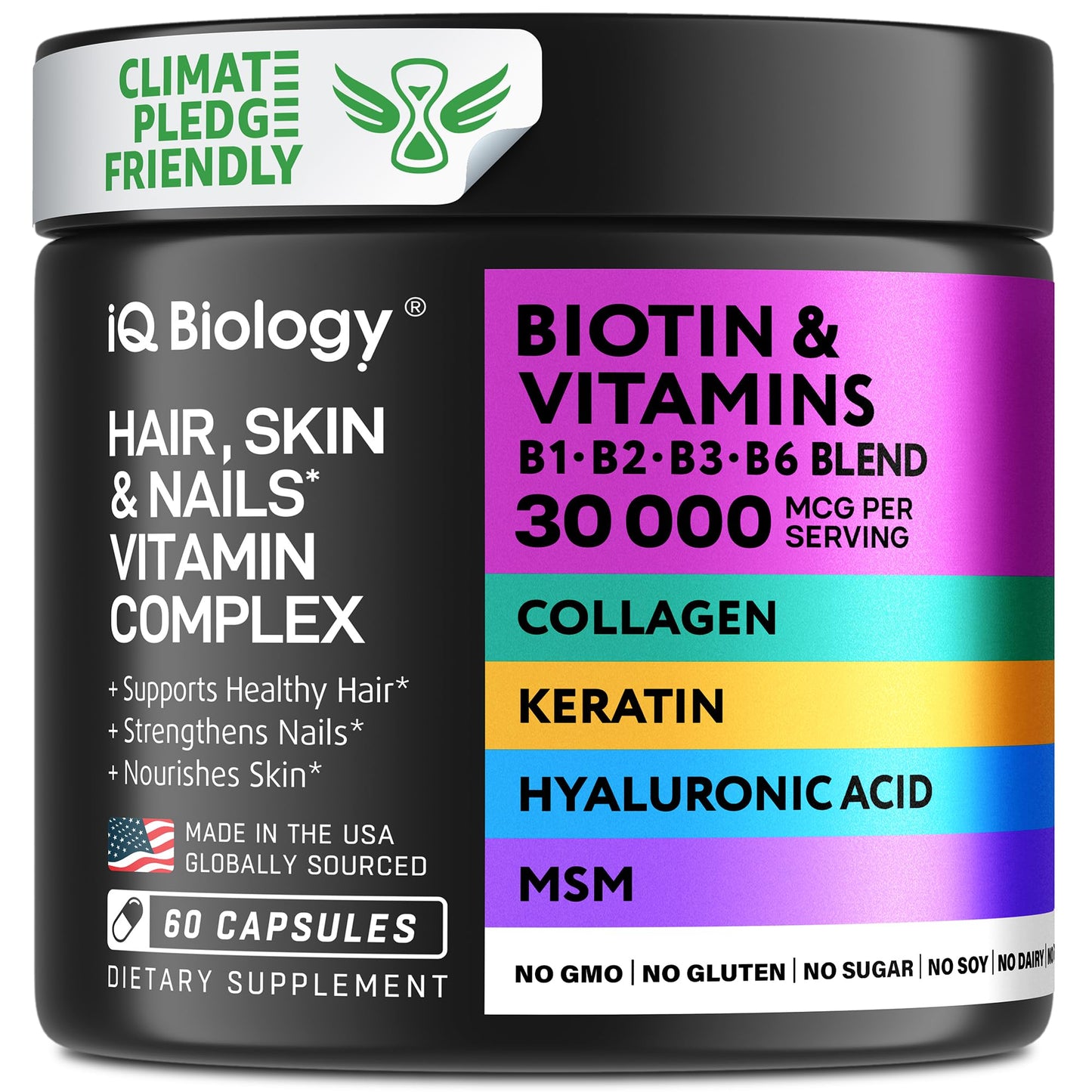 IQ BIOLOGY Biotin Collagen Keratin – Hair Growth Vitamins for Women & Men, 10000mcg Biotin + Hyaluronic Acid