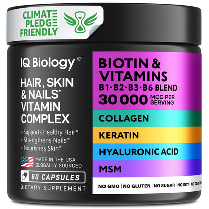 IQ BIOLOGY Biotin Collagen Keratin – Hair Growth Vitamins for Women & Men, 10000mcg Biotin + Hyaluronic Acid