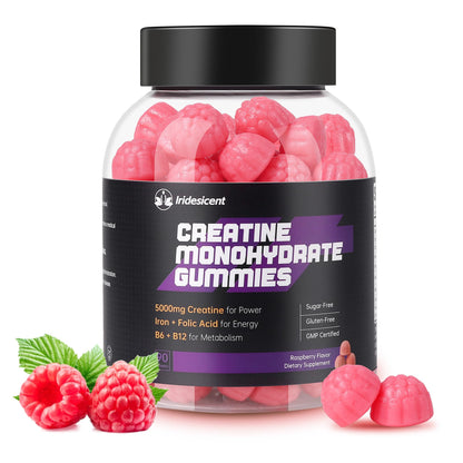 IRIDESICENT Creatine Gummies 5000mg – Iron, B6 & B12, Sugar Free, 90 Raspberry