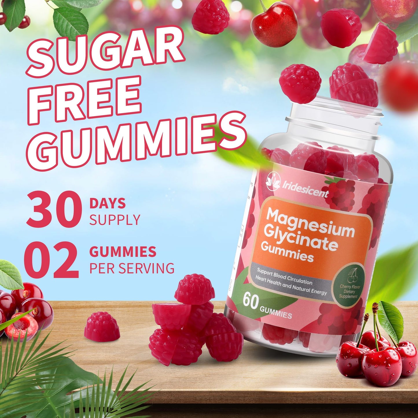 IRIDESICENT Magnesium Glycinate Gummies 400mg – Sugar-Free Cherry, Ashwagandha, Zinc, Vegan (120 Gummies)