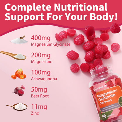 IRIDESICENT Magnesium Glycinate Gummies 400mg – Sugar-Free Cherry, Ashwagandha, Zinc, Vegan (120 Gummies)