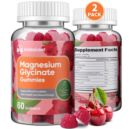 IRIDESICENT Magnesium Glycinate Gummies 400mg – Sugar-Free Cherry, Ashwagandha, Zinc, Vegan (120 Gummies)