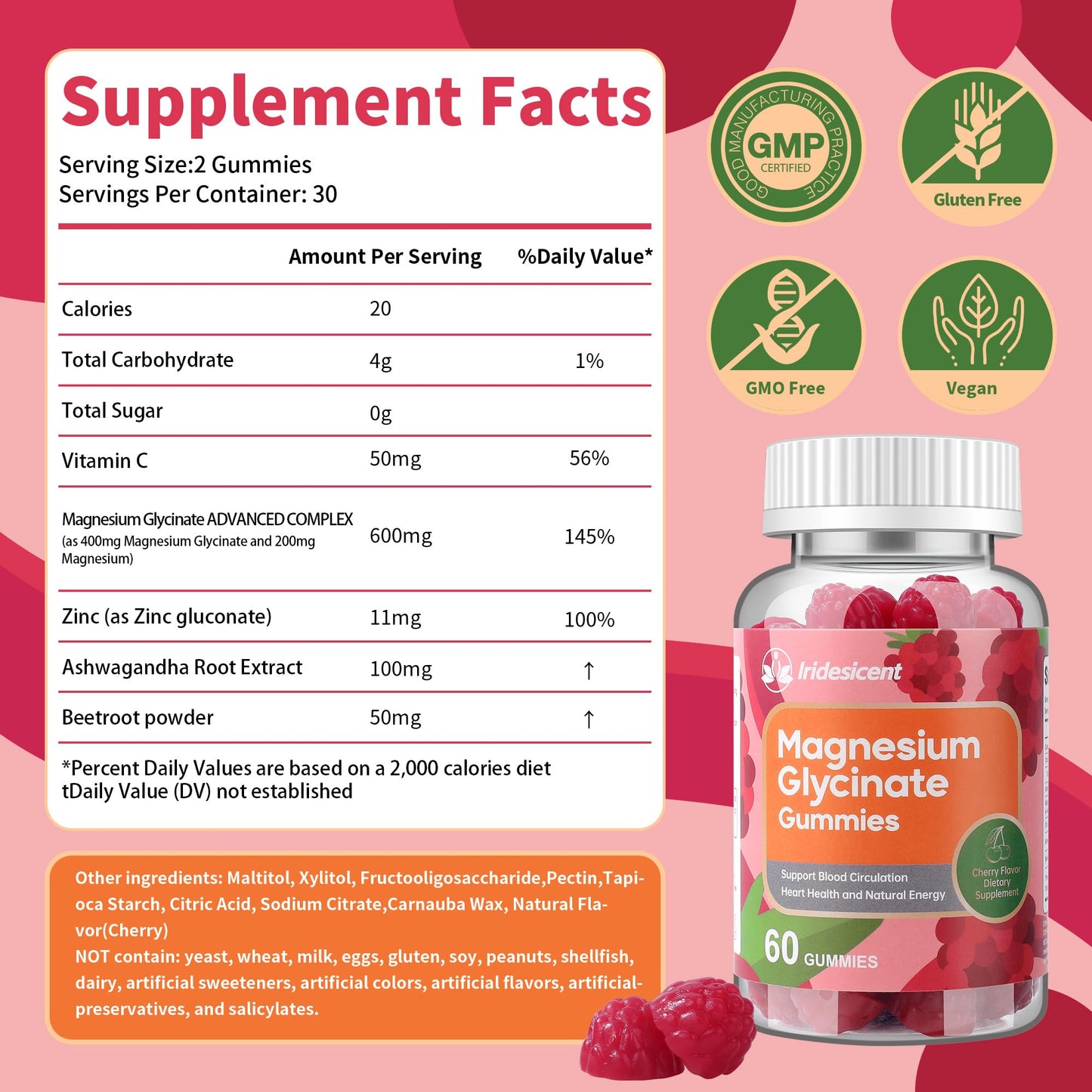 IRIDESICENT Magnesium Glycinate Gummies 400mg – Sugar-Free Cherry, Ashwagandha, Zinc, Vegan (120 Gummies)