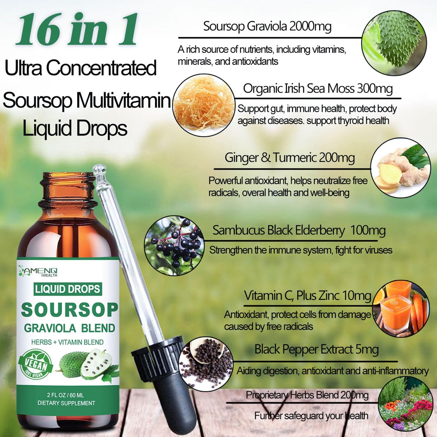 Soursop Graviola Liquid Drops – Organic 16-in-1 Immune Support (2 fl oz) with Sea Moss, Elderberry, Vitamin C & Zinc