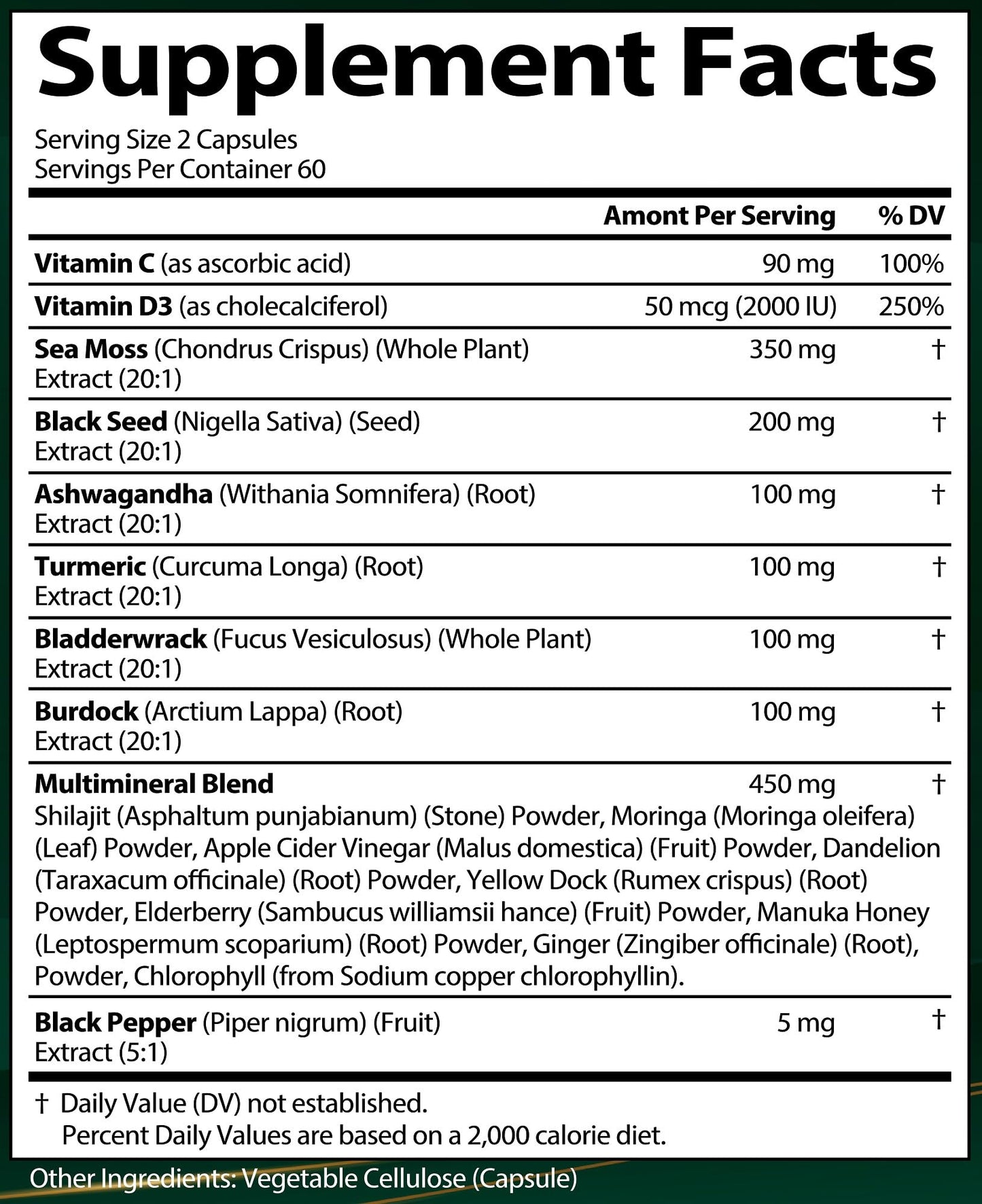 Sea Moss + Black Seed Oil Capsules with Ashwagandha & Ginger – Organic Multimineral Sea Moss (120 Capsules) USA