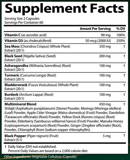 Sea Moss + Black Seed Oil Capsules with Ashwagandha & Ginger – Organic Multimineral Sea Moss (120 Capsules) USA