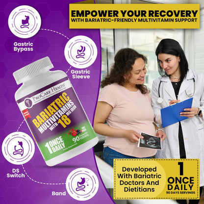 ProCare Health Bariatric Chewable Multivitamin with Iron 18mg (90 Tablets) - Fruit Punch Flavor - For Gastric Bypass & Sleeve Gastrectomy Patients* (3 Month Supply)