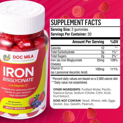 Iron Bisglycinate Gummies 25mg + Liposomal Vitamin C – 60 Gummies for Kids & Adults (1 Month Supply) | Chelated Iron Supplement