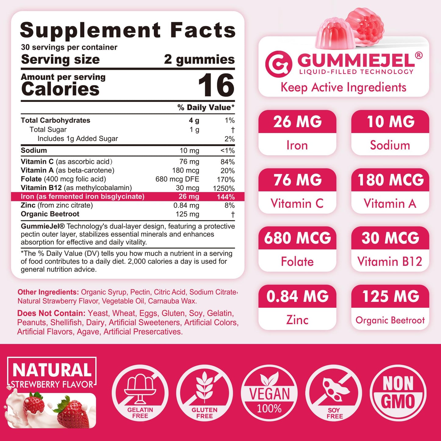 Iron Bisglycinate Gummies with Vitamin C - Sugar-Free, Gentle Iron for Adults
