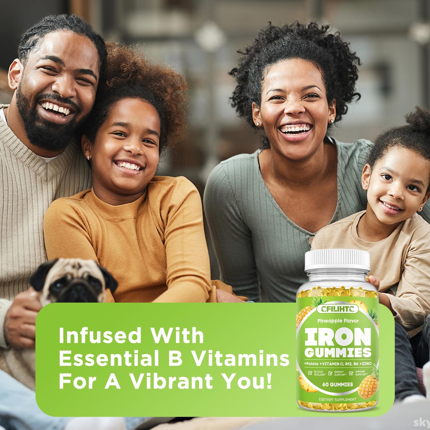 Iron Gummies for Adults & Kids – Vegan Iron Supplement with B6, B12, C, Zinc, Folate | Pineapple 60ct