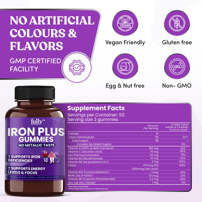 Iron Gummies for Women, Men & Kids – Fresh Grape Flavor, 100 Gummies (50 Days) | Iron Deficiency & Anemia Support