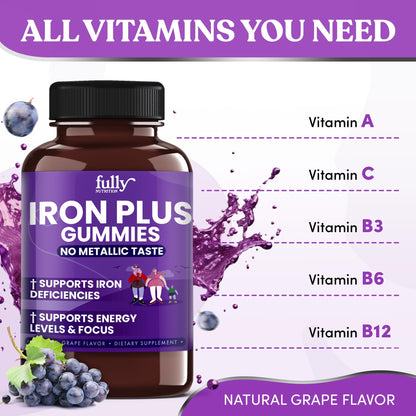 Iron Gummies for Women, Men & Kids – Fresh Grape Flavor, 100 Gummies (50 Days) | Iron Deficiency & Anemia Support