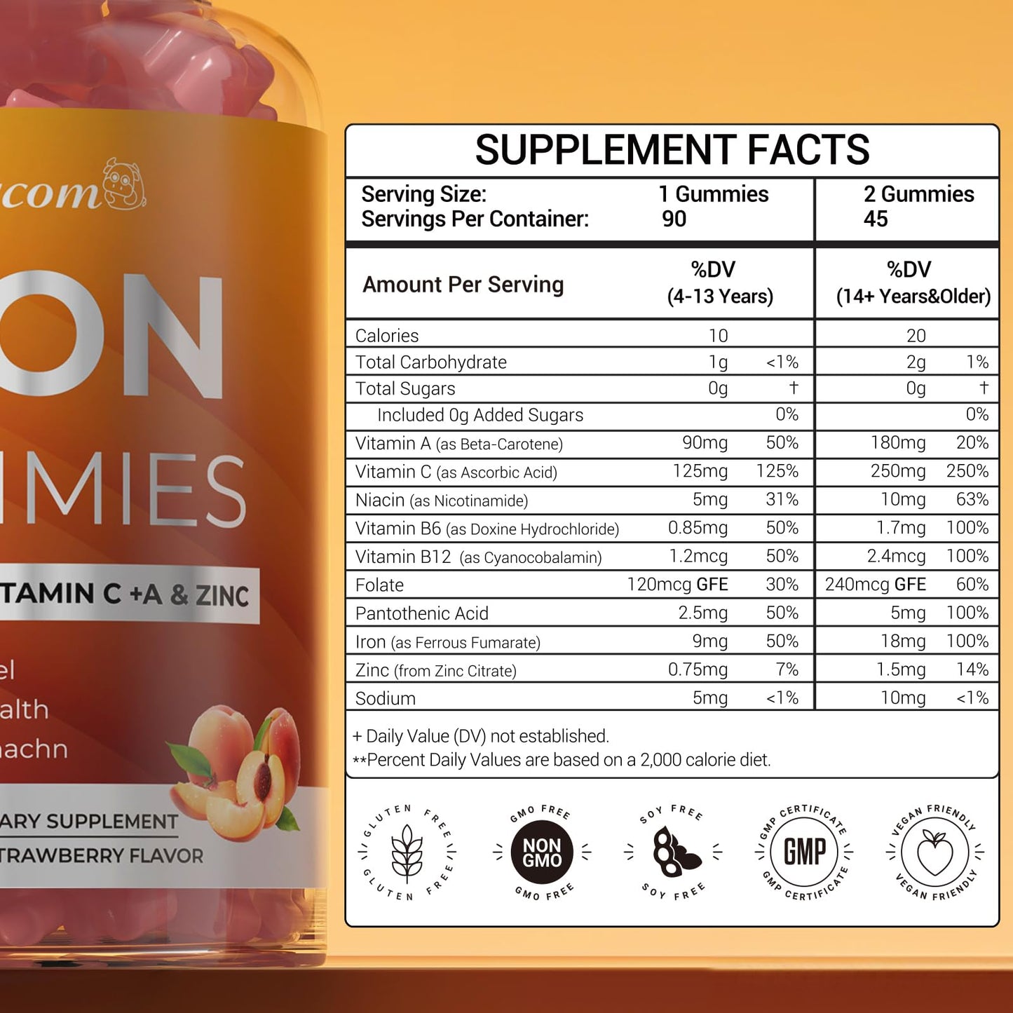 Iron Gummies with Vitamins C, A, B6, B12, Folate & Zinc - Peach Vegan Chewables (90 Count)