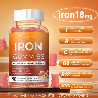 Iron Gummies with Vitamins C, A, B6, B12, Folate & Zinc - Peach Vegan Chewables (90 Count)