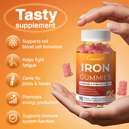 Iron Gummies with Vitamins C, A, B6, B12, Folate & Zinc - Peach Vegan Chewables (90 Count)