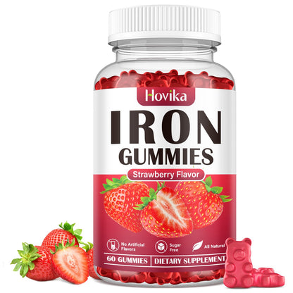 Iron Gummies for Women & Men – Sugar Free Strawberry, 60 Gummies | Iron Bisglycinate with Vitamin C, B12 & Folate