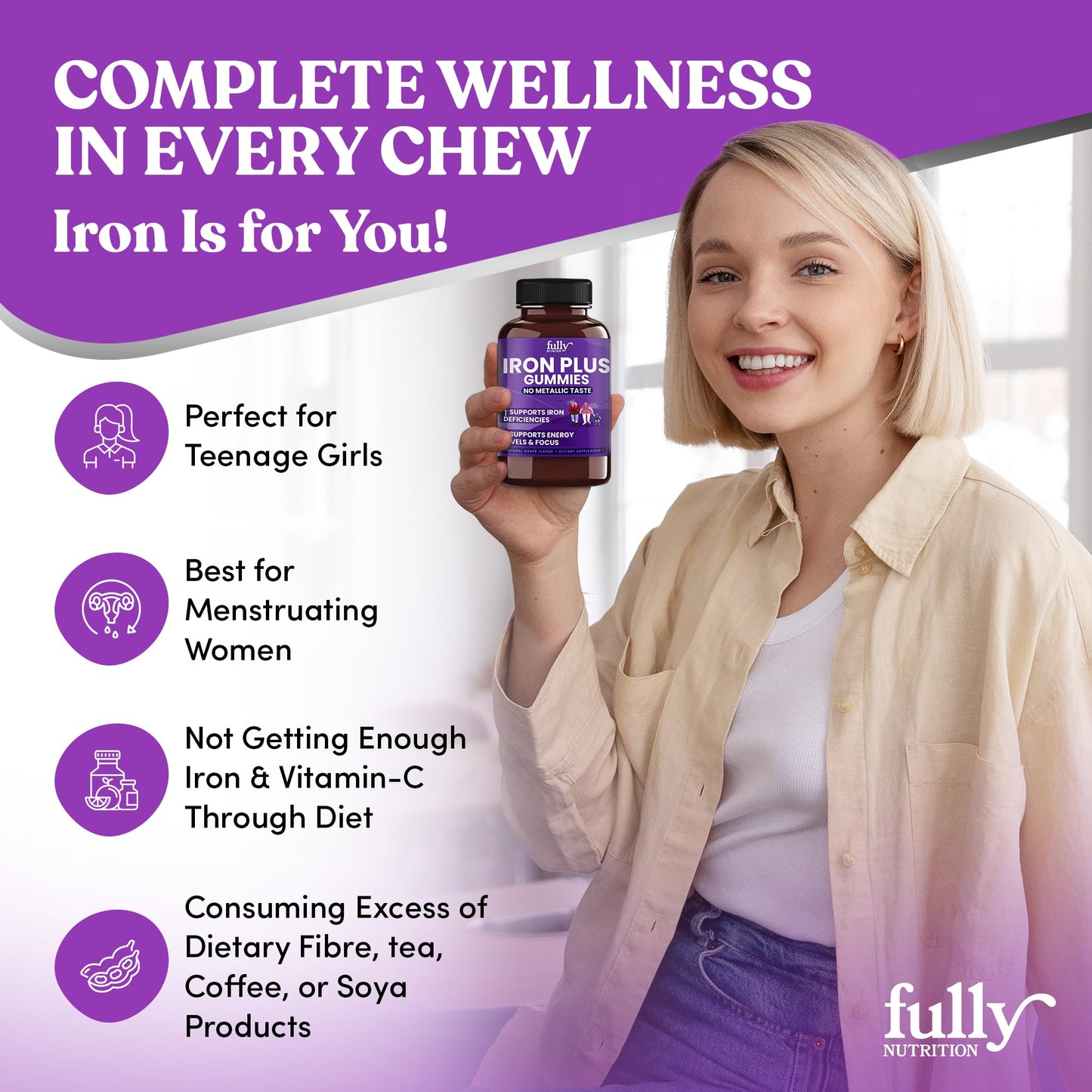 Iron Gummies for Women, Men & Kids – Fresh Grape Flavor, 100 Gummies (50 Days) | Iron Deficiency & Anemia Support