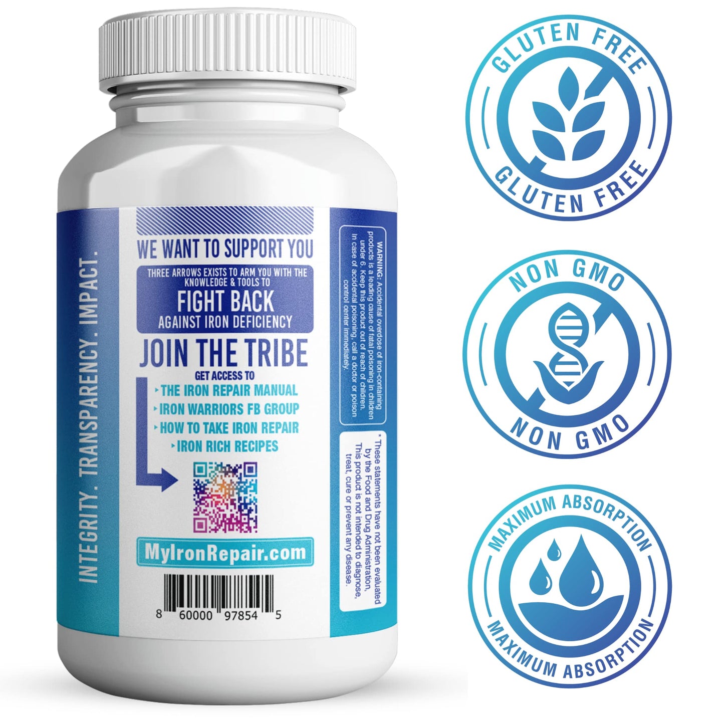 Iron Repair: Natural Iron Supplement with Best Absorption | Gentle on Stomach | Monash Low FODMAP | 90 Capsules