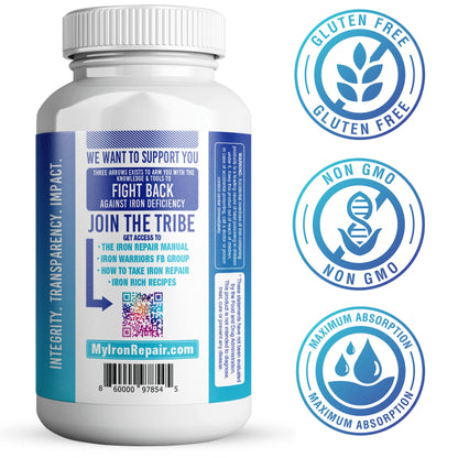 Iron Repair: Natural Iron Supplement with Best Absorption | Gentle on Stomach | Monash Low FODMAP | 90 Capsules