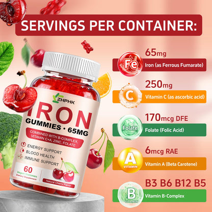Iron Gummies 65mg Iron + Vitamin C 250mg | For Women, Men & Kids – Cherry (60 Count)