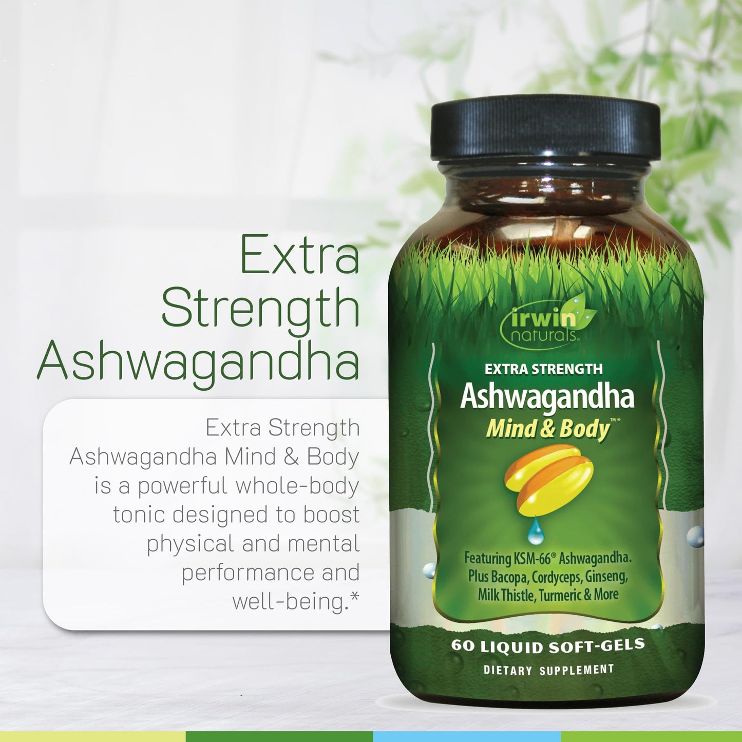Irwin Naturals Extra Strength Ashwagandha - 60 Liquid Soft-Gels | Turmeric & Milk Thistle