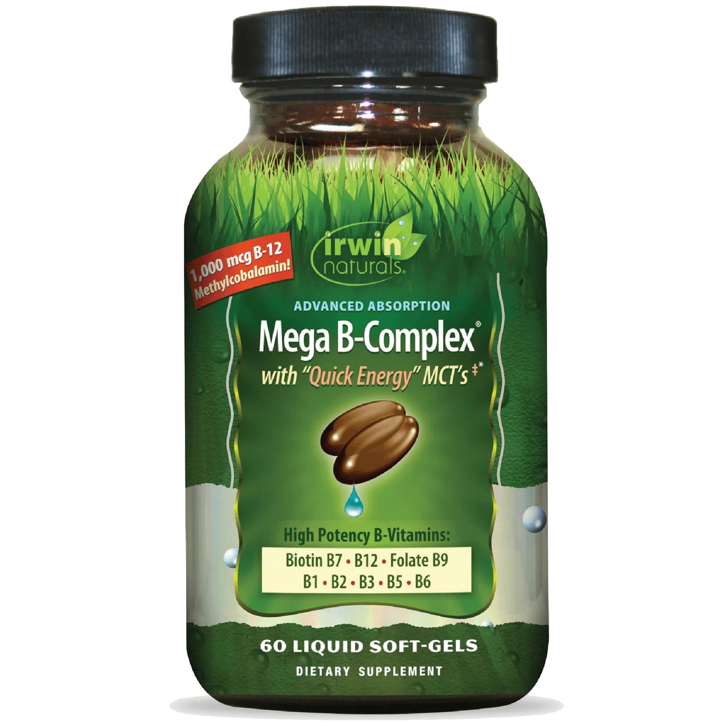 Irwin Naturals Mega B-Complex - 60 Liquid Softgels | High Potency B Vitamins with MCTs