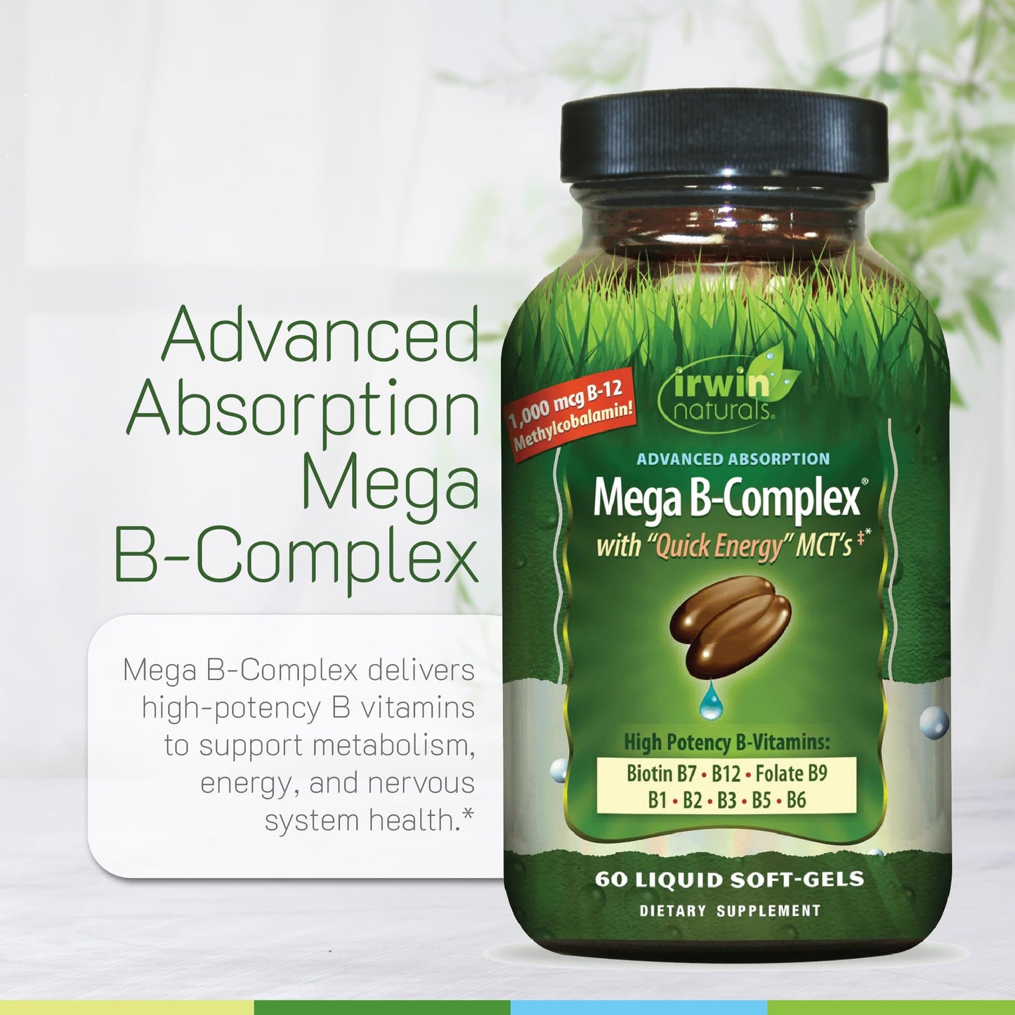 Irwin Naturals Mega B-Complex - 60 Liquid Softgels | High Potency B Vitamins with MCTs