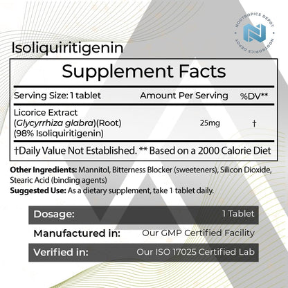 Isoliquiritigenin Controlled Dissolve Tablets | 60 Count | 25mg | Licorice Extract | Glycyrrhiza glabra | Mood, Relaxation, and Energy Support