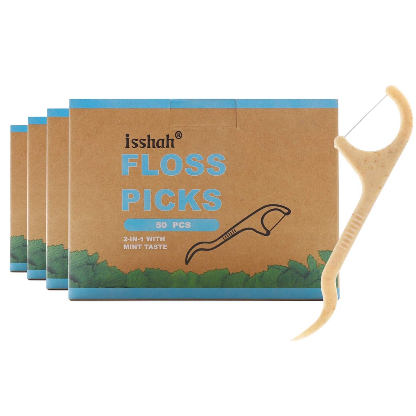 Natural Dental Floss Picks 200 Count - PETA Approved, BPA Free, Vegan, Mint | Isshah
