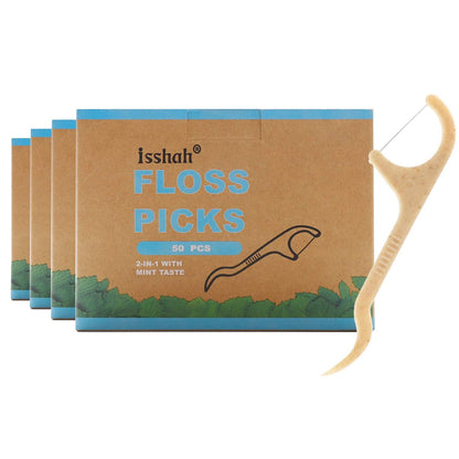 Natural Dental Floss Picks 200 Count - PETA Approved, BPA Free, Vegan, Mint | Isshah