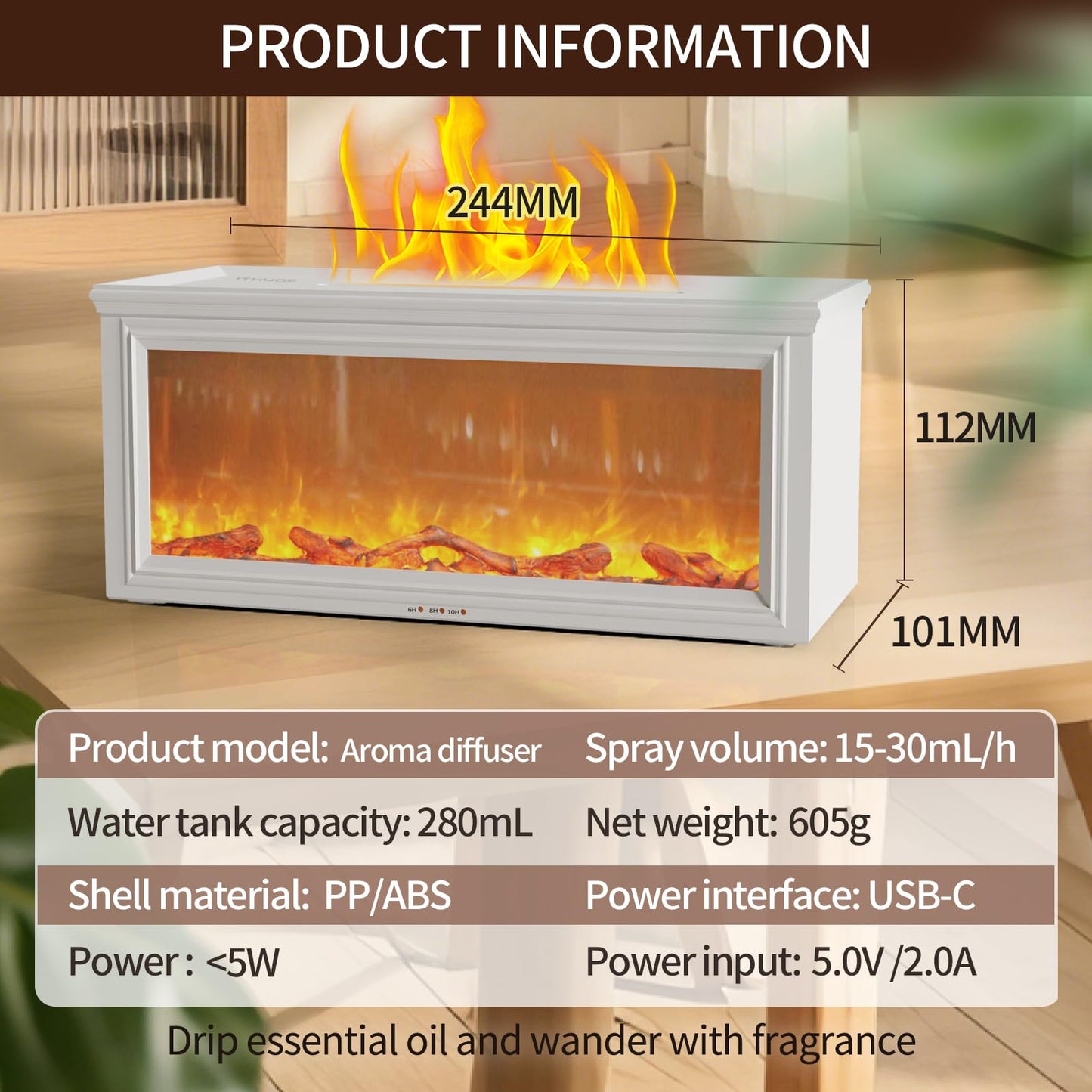 ITHUGE Fireplace Flame Aromatherapy Diffuser - 7 Colors, 280ml, HY-05W