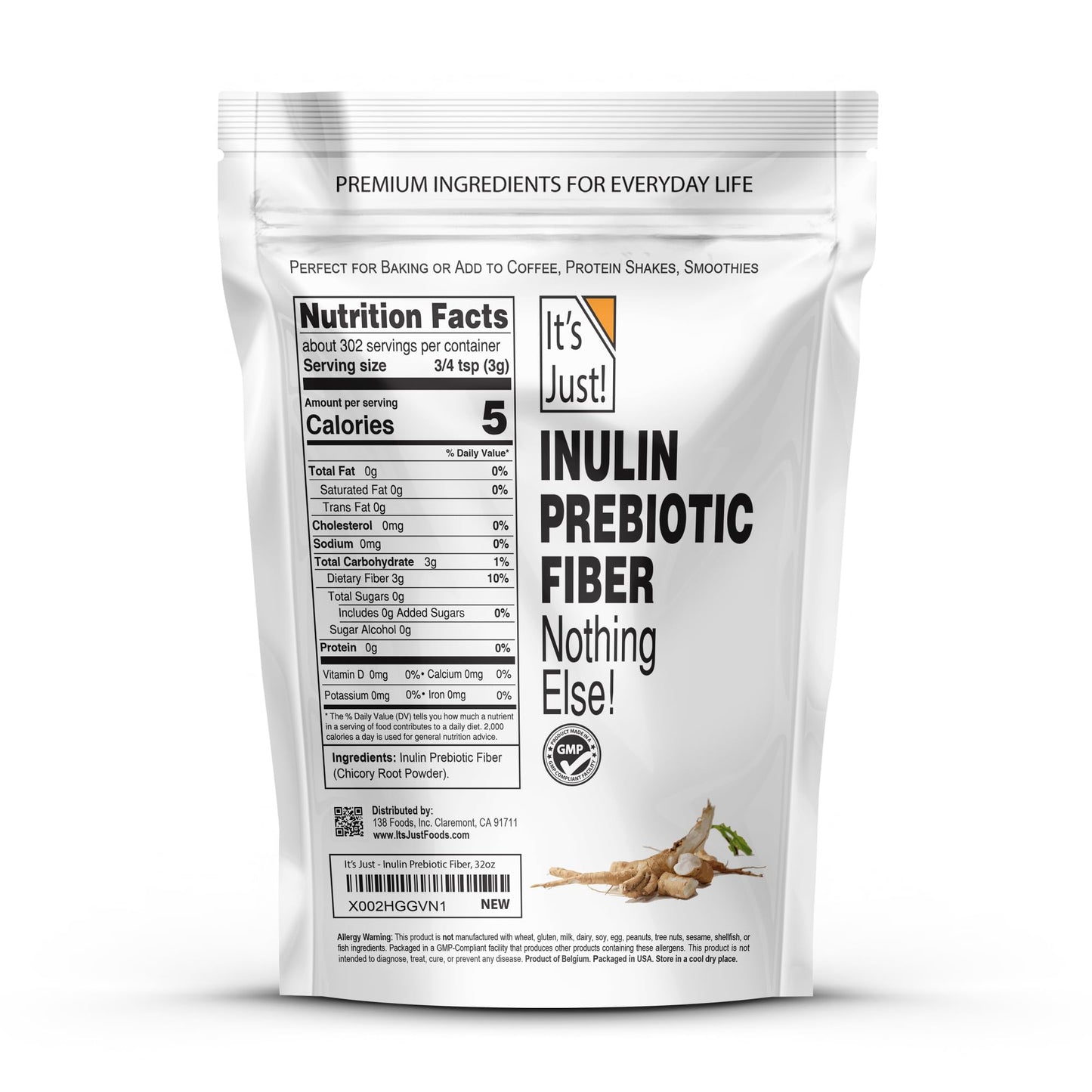 It's Just! Inulin Prebiotic Fiber – Water-Soluble Chicory Root Powder for Gut Health