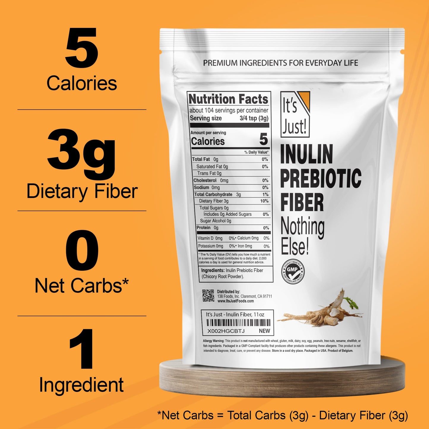 It's Just! Inulin Prebiotic Fiber – Water-Soluble Chicory Root Powder for Gut Health