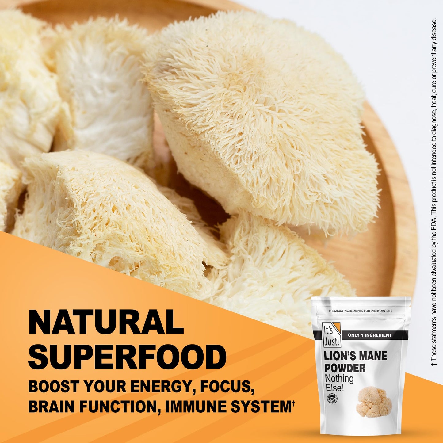 It's Just! Lion's Mane Mushroom Powder - Brain Support, Immune Health, Non-GMO, 8oz