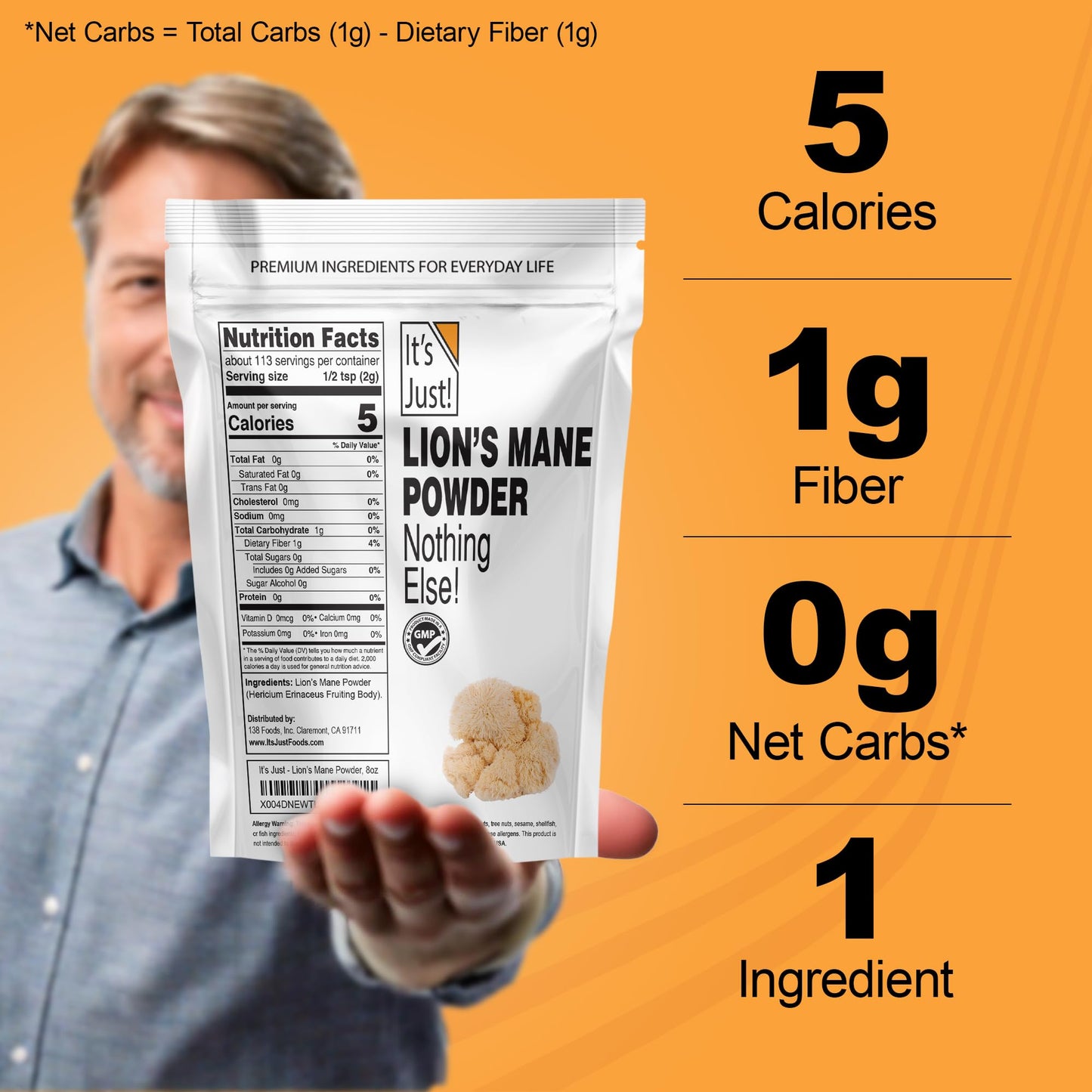 It's Just! Lion's Mane Mushroom Powder - Brain Support, Immune Health, Non-GMO, 8oz