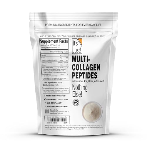 It's Just! Multi Collagen Peptides - Unflavored 20oz with Vitamin C, Biotin & Hyaluronic Acid | Gluten Free, Non-GMO, Heavy Metals Tested