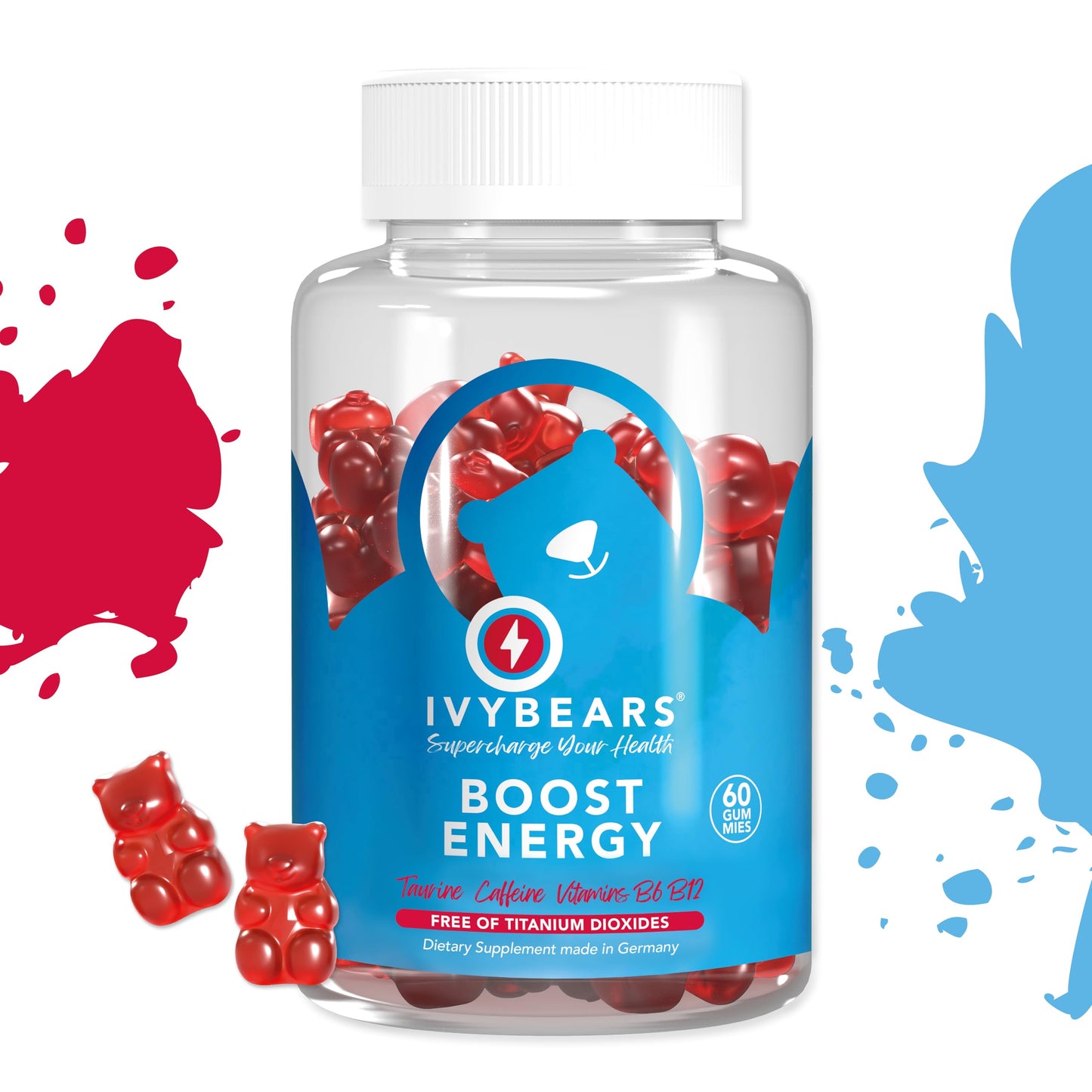 IvyBears® Energy Boost Gummies – Vegan Chewable Energy Supplements with Vitamin B12 & Natural Caffeine – Focus, Daily Energy & Stamina Support – Pre Workout Gummies – 60 Count